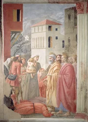 Św. Piotr rozprowadzający wspólne dobra Kościoła i śmierć Ananiasza, ok. 1427 r