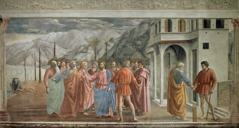 Cudowny grosz, fresk Tommasa di ser Giovanni di Mone Cassai, zwanego Masaccio (1401-1428), 254,5 x 598,3 cm