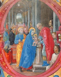 Corale B 26 c. 113r Historyczny inicjał C przedstawiający Ofiarowanie w Świątyni, z portretem Wawrzyńca Wspaniałego 1449-92 przy kolumnie po prawej stronie, szczegół welinowy z 179198