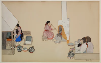 Women Weaving and Supervising Kiln, początek XX wieku (kazeina na papierze)