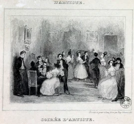 Wieczór artystyczny: gry w piłkę i karty podczas wieczoru mieszczańskiego Rysunek Antoine Johannot dit Tony Johannot (1803-1852) 1831 Paryż, Bibliotheque de l