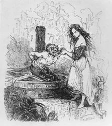 Esmeralda podaje Quasimodowi napój, ilustracja z „Katedry Marii Panny w Paryżu” Victora Hugo