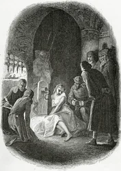 Przesłuchanie Esmeraldy - ilustracja z Notre Dame de Paris, XIX wiek