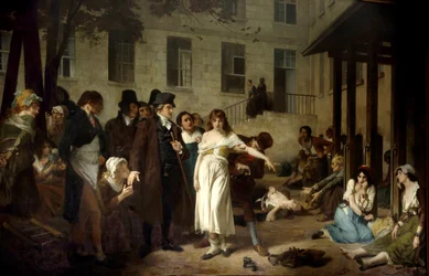 Doktor Philippe Pinel (1745-1826) uwalniający w 1795 roku osoby chore psychicznie z kajdan w szpitalu Salpêtrière w Paryżu. Obraz Tony