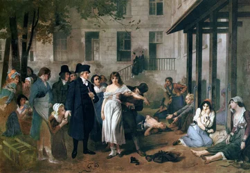 Philippe Pinel (1745-1826) uwalniający osoby chore psychicznie z kajdan w zakładzie Salpêtrière w Paryżu w 1795 roku