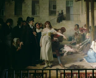 Philippe Pinel (1745-1826) uwalniający chorych psychicznie z łańcuchów w zakładzie Salpêtrière w Paryżu w 1795 roku, 1886 (detal)
