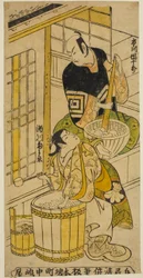 Aktor Ichikawa Danjuro II jako Kenkaya Gorouemon i Segawa Kikunojo I jako Osen w sztuce „Hatsugoyomi Akinai Soga”, wystawionej w Teatrze Nakamura w pierwszym miesiącu 1732