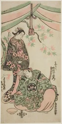 Aktorzy Arashi Koroku I jako Makomo no Mae i Ichikawa Uzaemon VIII jako Taira no Koremochi w sztuce „Shusse Momijigari”, wystawionej w Teatrze Ichimura w jedenastym miesiącu 1747