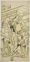Aktorzy Ichimura Uzaemon VIII jako Onio Shinzaemon i Onoe Kikugoro I jako kurtyzana Usugumo w sztuce „Nanakusa Wakayagi Soga”, wystawionej w Teatrze Ichimura w pierwszym miesiącu 1744