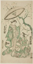 Aktorzy Sanogawa Ichimatsu I jako Soga no Goro i Ikushima Daikichi II jako Kewaizaka no Shosho w sztuce „Monzukushi Nagoya Soga”, wystawionej w Teatrze Ichimura w pierwszym miesiącu 1748 r.