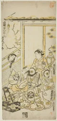 Aktorzy Tamazawa Saijiro I jako Oiso no Tora i Ichimura Uzaemon VIII jako Soga no Juro w sztuce „Haru wa Akebono Kuruwa Soga”, wystawionej w Teatrze Ichimura w pierwszym miesiącu 1743