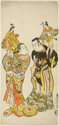 Aktorzy Yamashita Kinsaku I i Hayakawa Hatsuse jako lalkarze w sztuce „Dziennik trzymany w podróży drogą morską do Izu” („Funadama Izu Nikki”), wystawionej w Teatrze Nakamura w pierwszym miesiącu 1725 r.