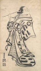 Stojąca Oiran, z fajką w prawej ręce i odwracająca się, by spojrzeć za siebie nad swoim ramieniem..., ca. 1705.