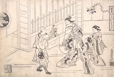 Aktor Ichimura Takenojo VIII w roli lalkarza, ukazujący lalki na tor..., ok. godz. 1715.
