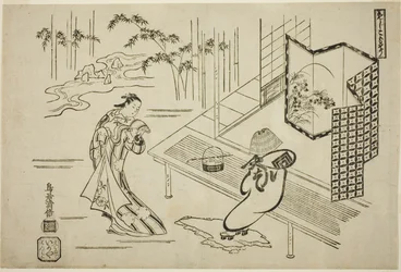 Aktorzy Nakamura Takesaburo I jako Kewaizaka no Shosho i Ichikawa Danjuro II jako Soga no Goro w stroju komuso w sztuce „Bando Ichi Kotobuki Soga”, wystawionej w Teatrze Nakamura w pierwszym miesiącu 1715 r.