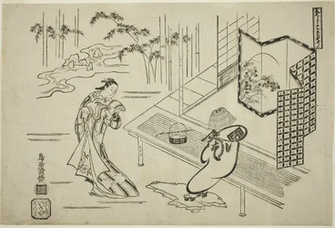 Aktorzy Nakamura Takesaburo I jako Kewaizaka no Shosho i Ichikawa Danjuro II jako Soga no Goro w strojach komuso w sztuce "Bando Ichi Kotobuki Soga", wystawionej w teatrze Nakamura w pierwszym miesiącu roku