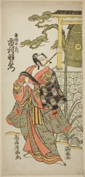 Aktor Ichimura Uzaemon IX jako Teraoka Heiemon w sztuce "Hoshi Aikotoba Higashiyama no Sakae" wystawionej w teatrze Ichimura w dziewiątym miesiącu 1763 r.