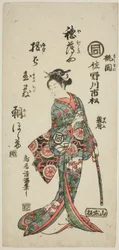 Aktor Sanogawa Ichimatsu I jako Momozono w sztuce "Katakiuchi Mogami no Inabune", wystawionej w teatrze Ichimura w siódmym miesiącu 1759 r.