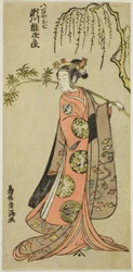 Aktor Segawa Yujiro I jako Oshichi w sztuce "Edo no Haru Meisho Soga", wystawionej w teatrze Ichimura w trzecim miesiącu 1773 r.