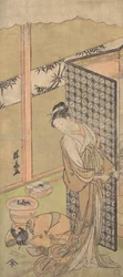 Oiran w nocnym stroju, zatrzymując się, z jedną ręką na ekranie, który otacza jej łóżko,..., ca. 1770.