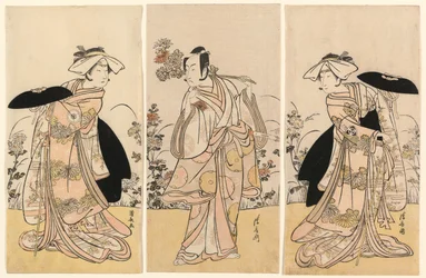 Bando Mitsugoro II jako Tennen no Mansaku-kitsune i Ichikawa Monnosuke III jako Nikaido Shinanonosuke oraz Iwai Hanshiro IV jako Okura no Kojoro-kitsune w scenie z dramatu Moto Mishi Yuki Sakae Hachi-no-ki (Nidaime Bando Mitsugoro no Tennen no mansaku