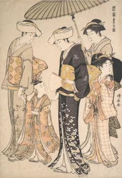 Wysokiej rangi Samurajka z czterema sługami, z cyklu Brokat wschodniego M..., ca. 1784.