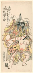 Matsumoto Koshiro III jako Kusunoki Bokon i Sawamura Kijuro jako Omori Hikoshichi w scenie z dramatu (Sandaime Matsumoto Koshiro no Kusunoki Bokon to Sawamura Kijuro no Omori Hikoshichi)