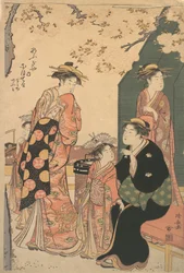 Portret kurtyzany Nioteru z Ogiya, z jej dwoma asystentami Namiji i Ao-..., ca. 1785.