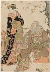 Aktorzy Ichikawa Danjuro V jako Hige no Ikyu, Nakamura Riko jako Agemaki i Ichikawa Ebizo jako pomocnik Agemakiego w sztuce "Sukeroku Yukari no Edozakura" w teatrze Nakamura w trzecim miesiącu 1784 r.