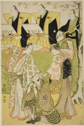Aktorzy Ichikawa Monnosuke II jako Munesada, Segawa Kikunojo III jako kurtyzana Sumizome i Nakamura Nakazo I jako Sekibei w sztuce „Tsumoru Koi Yuki no Seki no To” wystawionej w Kiri Theater w jedenastym miesiącu 1784