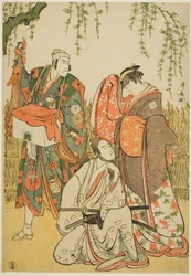 Aktorzy Ichikawa Yaozo III jako Shiragiku, Ichikawa Danjuro V jako lalkarz Dekurokubei i Sawamura Sojuro III jako Soga no Juro, w joruri „Shinobukoi Yanagi no Katsura Otoko”, wykonanym w Teatrze Nakamura w pierwszym miesiącu 1785