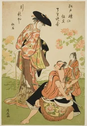 Aktorzy Iwai Hanshiro IV jako Kuzunoha, Ichikawa Yaozo III jako Yakanpei i Ichikawa Ebizo IV jako Abe no Doji w sztuce „Ashiya Doman Ouchi Kagami” wystawionej w Teatrze Nakamura w dziewiątym miesiącu 1784 r.