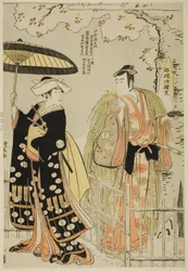 Aktorzy Sawamura Sojuro III jako Kusunoki Masatsura i Arashi Murajiro jako Ben no Naishi w shosa „Sode Furu Yuki Yoshino Shui” wystąpili w Teatrze Nakamura w jedenastym miesiącu 1786