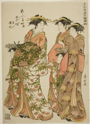 The Courtesan on Pa The Courtesan Toji of the Ogiya z jej asystentami Satoji i Uraji, z serii „Models for Fashion: New Designs as Fresh as Young Leaves (Hinagata wakana no hatsu moyo)”, rade w Yoshiwara w towarzystwie jej Kamuro i przez ten