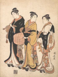 Trzy młode kobiety udające Komuso Spacerujący Minstrel, ca. 1778.