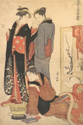 Dwie kobiety stojące trzymające dziecko, ca. 1785.