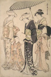 Dwie kobiety w letnich kostiumach Zabierają młodą dziewczynę do świątyni Shinto dla Miya Mairi ..., ok. godz. 1783.