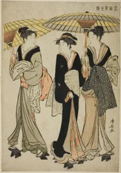 Pod parasolami pod prysznicem, z serii „Brokat wschodnich manier (Fuzoku Azuma no nishiki)”