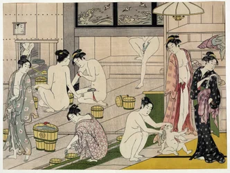 Kobiety w łaźni publicznej. Japoński druk Torii Kiyonagi (1752-1815), około 1785. Szkoła Torii (ukiyo-e lub ukiyoe).