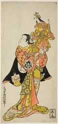 Aktor Yamashita Kinsaku trzymający marionetkę cesarzowej w sztuce „Dziennik trzymany w podróży drogą morską do Izu (Funadama Izu Nikki)” wystawionej w Teatrze Nakamura w pierwszym miesiącu 1725 r.