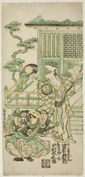 Aktorzy Bando Hikosaburo I jako Araki Shozaemon i Nakamura Sukegoro I jako Daidoji Tahatanosuke w sztuce „Chigozakura Futabajikki”, wystawionej w Teatrze Ichimura w dziesiątym miesiącu 1746 r.