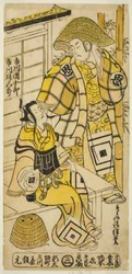 Aktorzy Ichikawa Danjuro II jako Onio Shinzaemon i Ichikawa Masugoro jako Soga no Goro w sztuce „Furiwake-gami Hatsugai Soga”, wystawionej w Teatrze Ichimura w pierwszym miesiącu 1735