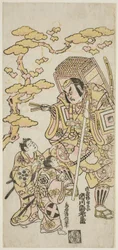 Aktorzy Ichikawa Ebizo II jako Musashibo Benkei, Sakata Shintaro (?) jako Soga no Goro i Takigawa Kinya (?) jako Soga no Juro w sztuce „Sazareishi Suehiro Genji”, wystawionej w Teatrze Nakamura w pierwszym miesiącu 1744 roku