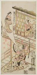 Aktorzy Ichikawa Ebizo II jako Mushanosuke, Segawa Kikunojo I jako Ochiyo i Matsushima Kichisaburo jako duch Ochiyo w sztuce "Higashiyama Gojitsu Yaoya Hanbei" wystawionej w teatrze Nakamura w ósmym miesiącu 1744 roku.