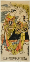 Aktorzy Ichikawa Monnosuke I jako Minamoto no Yoshiie i Sodesaki Iseno I jako Onoe no Mae w sztuce „Kaomise Junidan”, wystawionej w Teatrze Nakamura w jedenastym miesiącu 1726 (?)