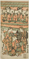 Aktorzy Ichimura Uzaemon VIII, Ichimura Kamezo I jako Wankyu i Nakamura Kiyosaburo I jako Matsuyama w sztuce „Mitsugimono Irifune Nagoya” wystawionej w Teatrze Ichimura w siódmym miesiącu 1750 r.