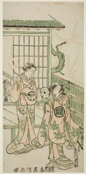 Aktorzy Sanogawa Ichimatsu I jako Minamoto no Yorimasa i Segawa Kikujiro I jako żona Nobutsury Karumo w sztuce "Shusse Momijigari" wystawionej w teatrze Ichimura w jedenastym miesiącu 1747 roku.