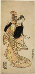 Aktor Ichikawa Monnosuke I jako Oiso no Tora w sztuce „Nigiwai Suehiro Soga”, wystawiony w Teatrze Morita w pierwszym miesiącu 1721 (?)