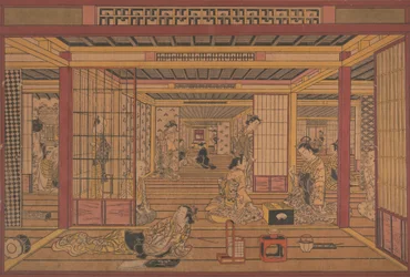 Widok wnętrza w Yoshiwara, ca. początek lat czterdziestych XVIII wieku.