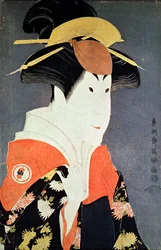 Głowa i ramiona aktora kabuki Segawa Tomisaburo II jako Yadorigi, żona Ogishi Kurando, wydana w 1794 roku (kolorowy drzeworyt)